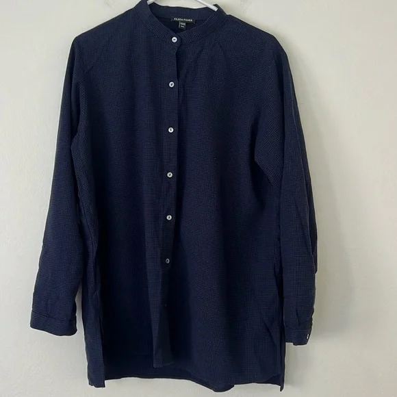 Eileen Fisher Mini Check Crepe Mandarin Collar Top Size Medium Navy and Black - Picture 2 of 6